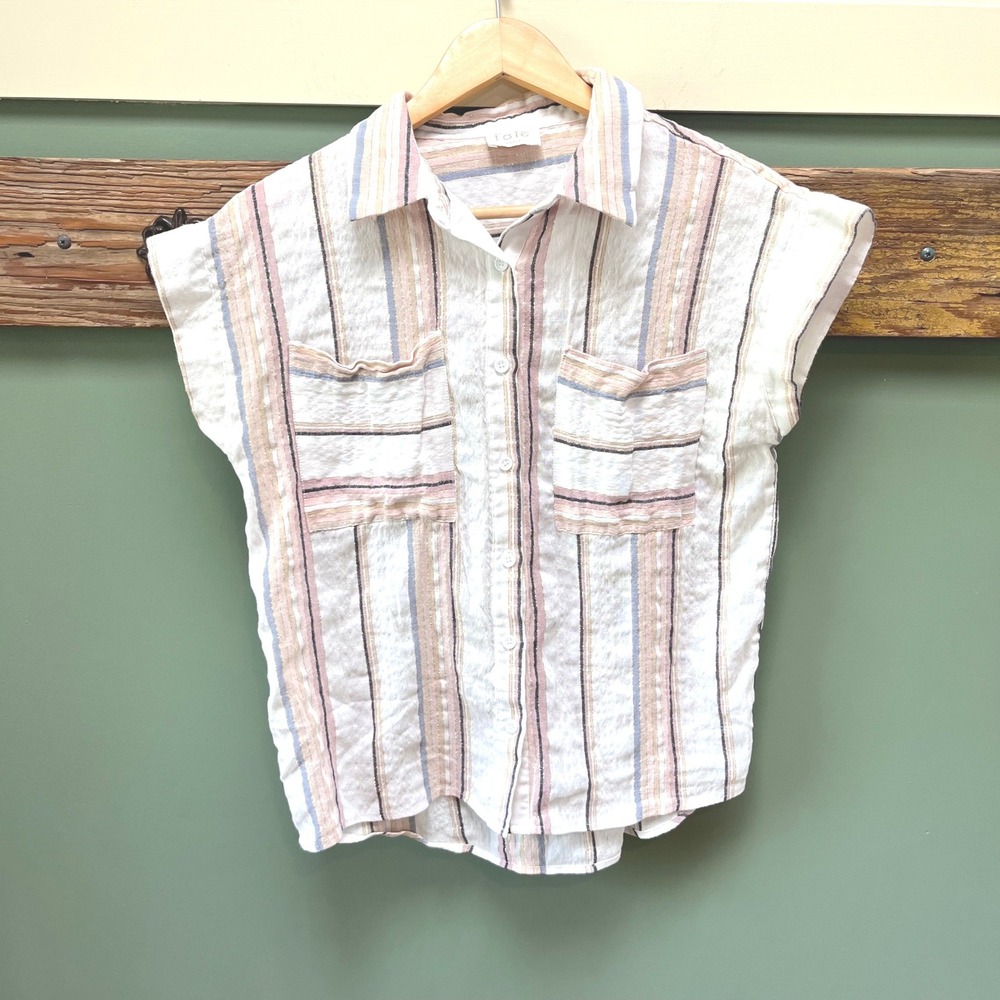 Fate Womens Small Striped Button Down Top Short Sleeve Metallic Lurex White Pink